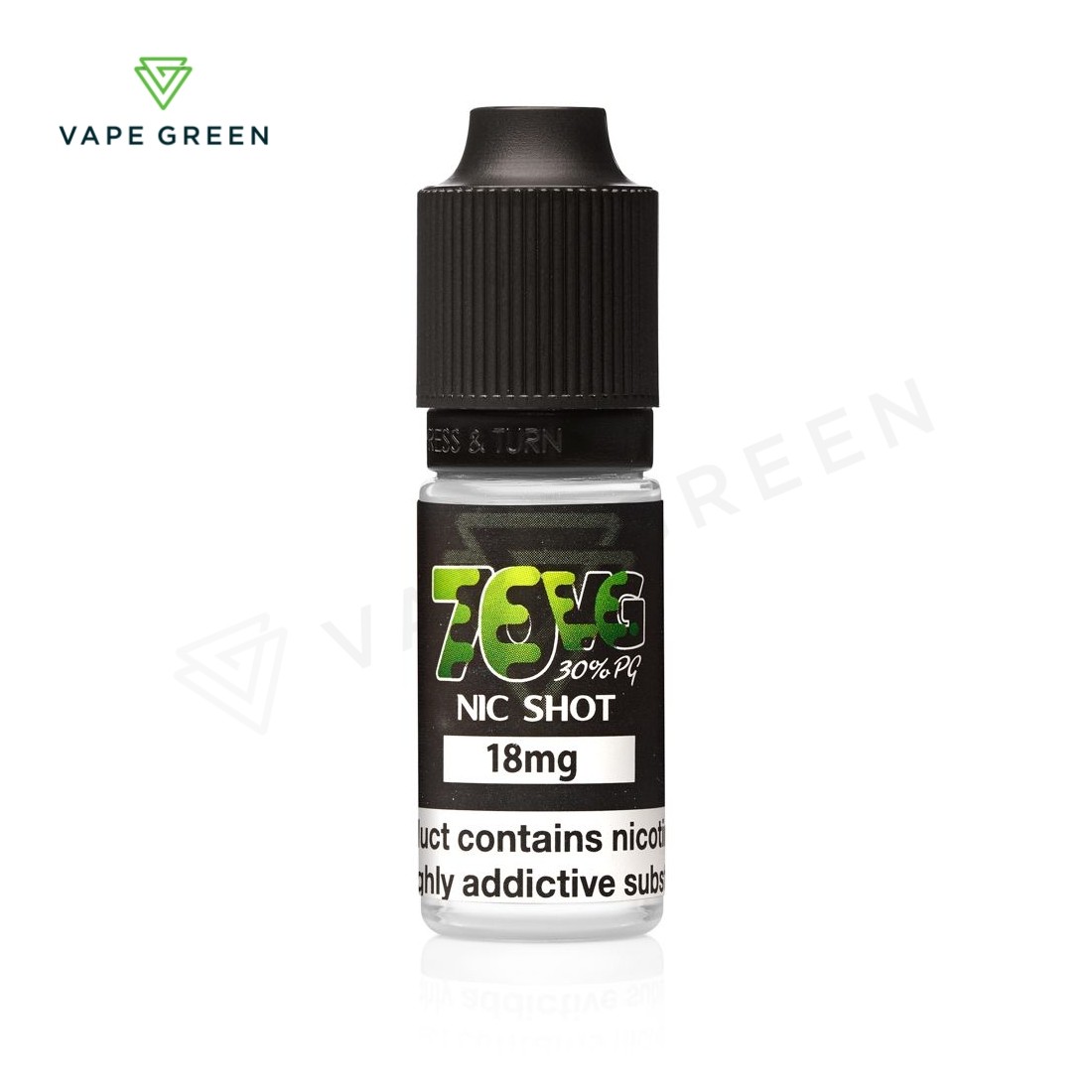 A 10ml bottle of 18mg 70VG nicotine shot for mixing with shortfill e-liquids.