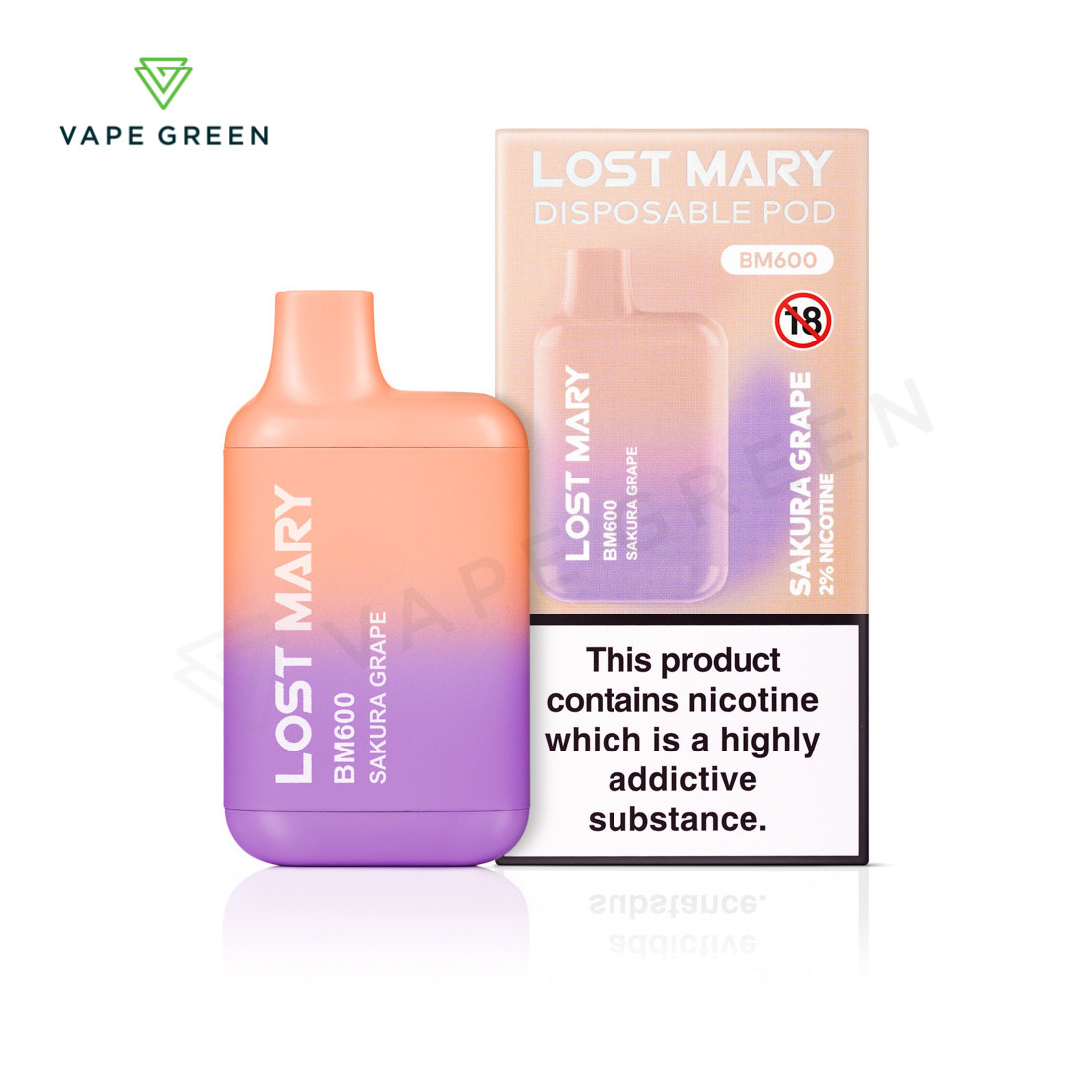 Lost Mary BM600 disposable vape in Sakura Grape flavour with a compact box shape.