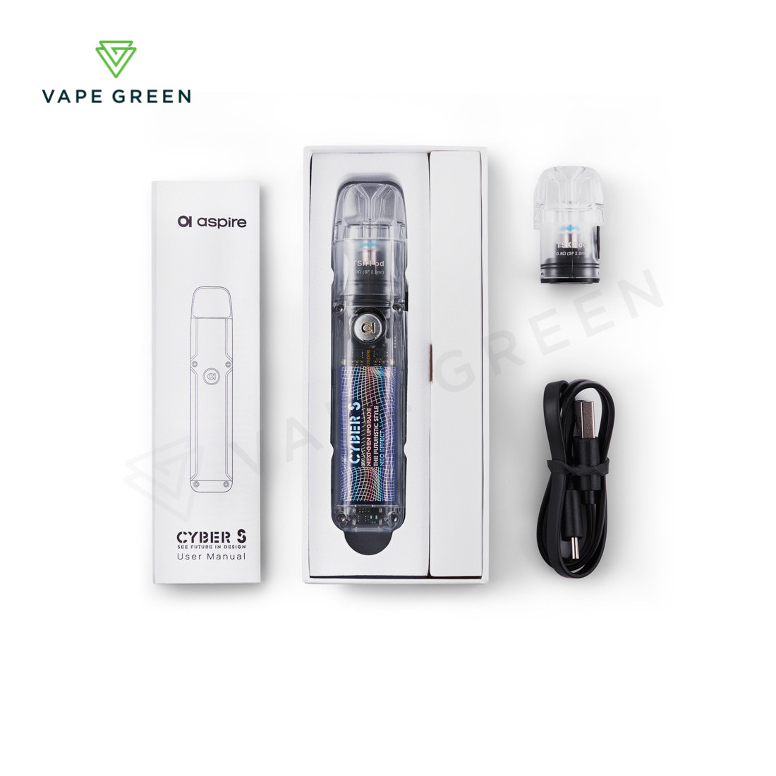 Aspire Cyber S pod kit with a transparent futuristic design for modern vaping.