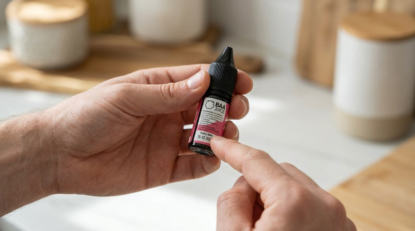Checking the expiry date printed on the back of a 10ml e-liquid bottle
