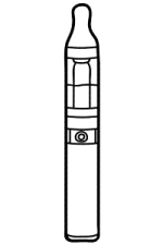 Black and white line drawing of a cylindrical pen-style vape kit with a clear tank and drip tip.