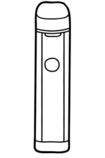Line drawing of a sleek pod vape kit with a central firing button and mouthpiece.