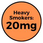 Orange circular badge stating 20mg nic salt strength is recommended for heavy smokers.
