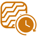 Orange line art icon showing a square with chevron patterns and a clock with a circular arrow.