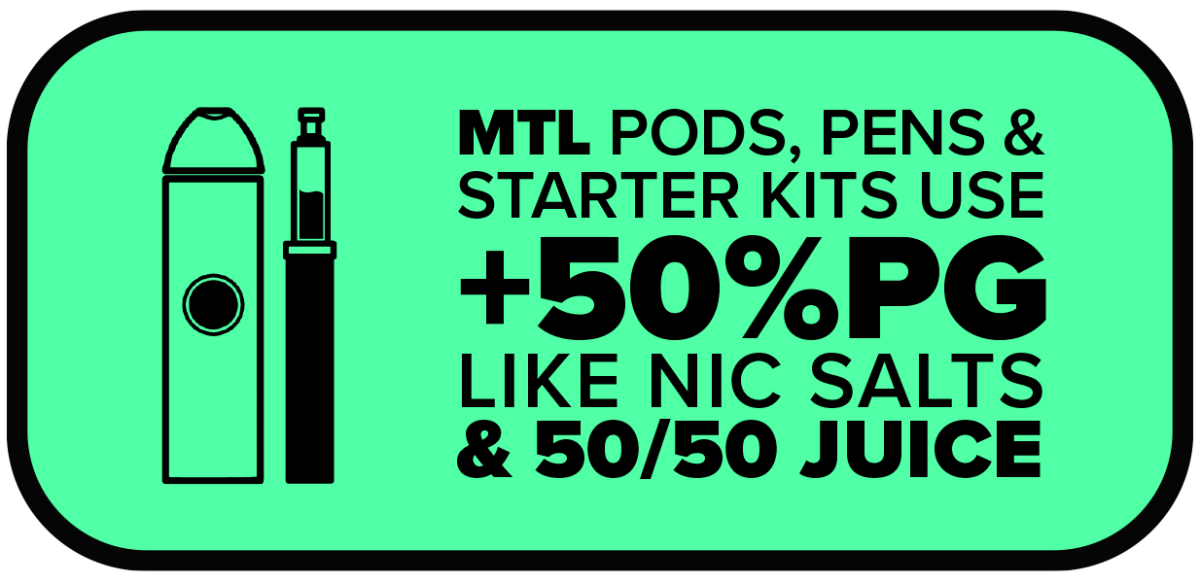 Graphic stating MTL pods, pens and starter kits use +50% PG like nic salts and 50/50 juice.
