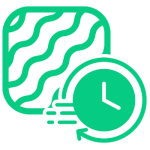 Green icon of a wavy patterned square behind a clock with a circular arrow.