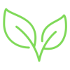 Minimalist green line art icon of two leaves, symbolizing natural ingredients for e-liquid.