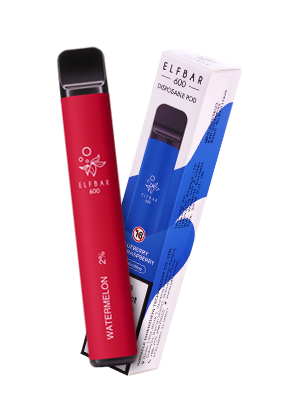 Red Watermelon Elf Bar 600 disposable vape pen leaning against its original white and blue packaging.