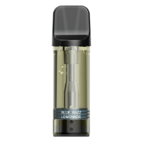 Blue Razz Lemonade replacement pod for a vape kit, featuring a black mouthpiece and transparent e-liquid tank.