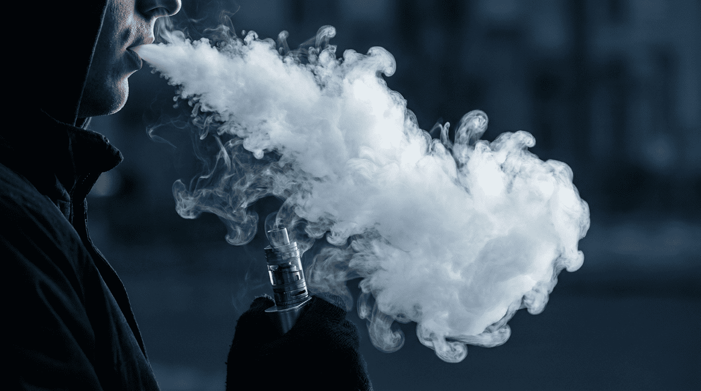 A vaper exhaling a dense cloud of vapour from a sub-ohm vape kit