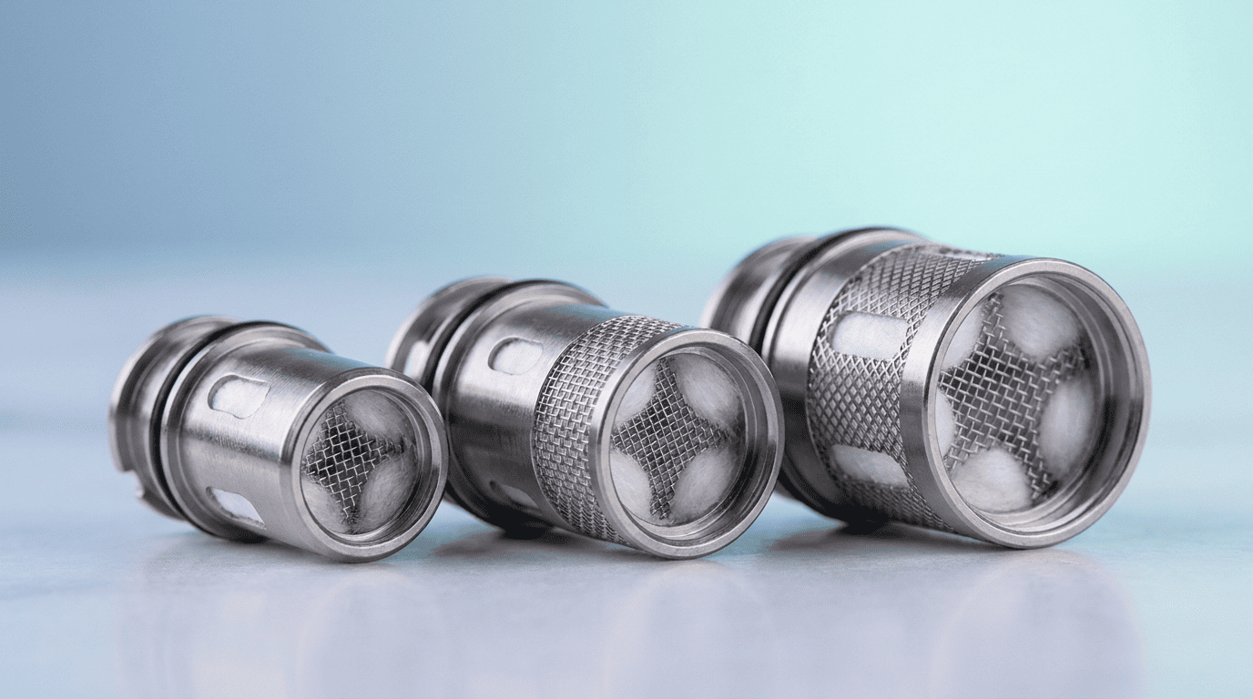 Replaceable mesh vape coils of different resistances in close-up