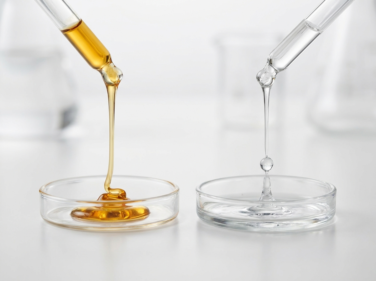 Thick golden VG and thin watery PG dripping from glass droppers